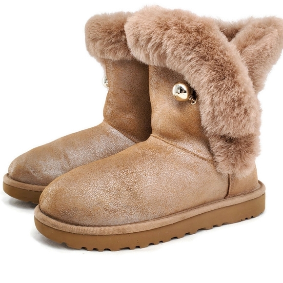 UGG Shoes - Ugg Classic Fluff Pin Antique Pearl Suede Pull-On Ankle Boots